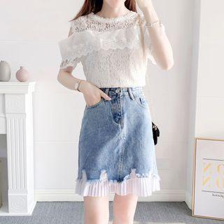 Off-shoulder Plain Lace Top / High-waist Ripped Denim A-line Skirt