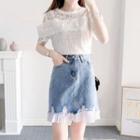 Off-shoulder Plain Lace Top / High-waist Ripped Denim A-line Skirt