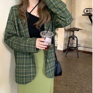 Plaid Loose-fit Blazer / Plain Midi Skirt