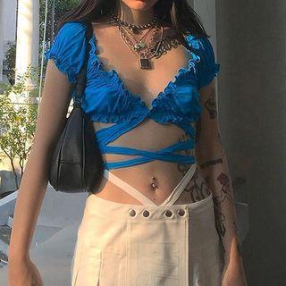 V-neck Ruffle Trim Tie-strap Cropped Blouse