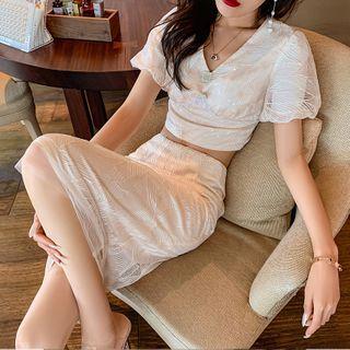 Puff-sleeve Crop Top / Fitted Midi Skirt / Set