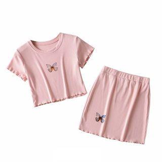 Set: Butterfly Print Short-sleeve Cropped Top + Mini Pencil Skirt