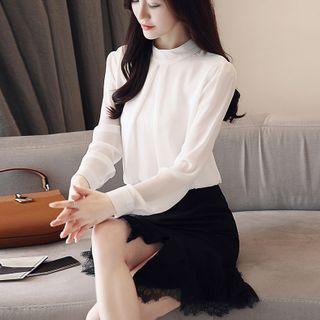 Long-sleeve Stand-collar Plain Chiffon Shirt