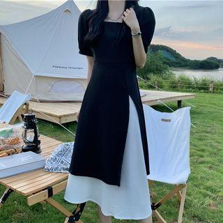 Puff-sleeve Square Neck Panel Midi A-line Dress Black - One Size