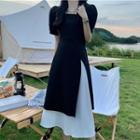 Puff-sleeve Square Neck Panel Midi A-line Dress Black - One Size
