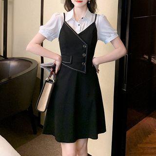 Mock Two-piece Puff-sleeve Rhinestone Trim Dress