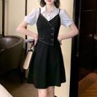 Mock Two-piece Puff-sleeve Rhinestone Trim Dress