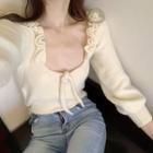 Frilled Long-sleeve Slim-fit Knit Top As Figure - One Size