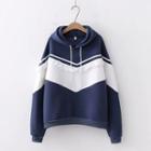 Ruffle-trim Chevron Stripe Hoodie Navy Blue - One Size