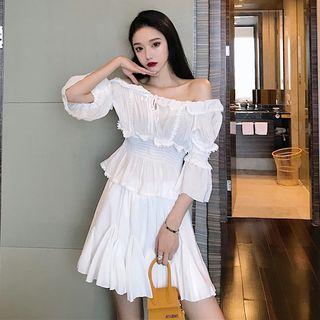 Bell-sleeve Ruffle Drawstring Blouse / High-waist Ruffle Trim Skirt