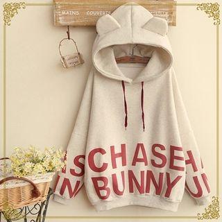 Lettering Ear Accent Hooded Pullover