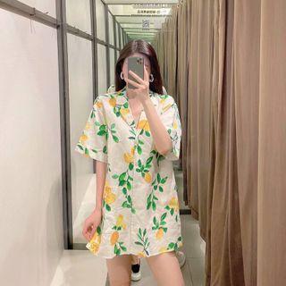 Elbow-sleeve Print Mini Shirtdress