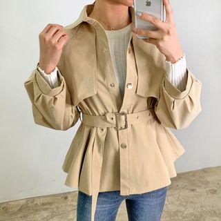 Flap-front Peplum-hem Trench Jacket With Belt