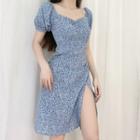 Floral Print Puff-sleeve Slit Mini A-line Dress
