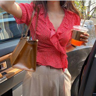 Small Dotted V-neck Ruffle-trim Blouse Red - One Size
