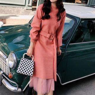 Set: Mock Neck Knit Dress + Midi Mesh Skirt