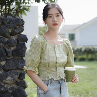 Puff-sleeve Plaid Ruffle Trim Cropped Blouse