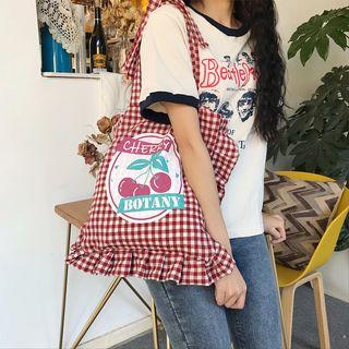 Cherry Print Ruffled Gingham Canvas Tote Bag