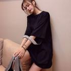 3/4-sleeve Sequined Mini T-shirt Dress Black - One Size