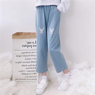 Cropped Rabbit Embroidered Straight-leg Jeans Blue - One Size