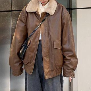 Furry Collar Faux Leather Buttoned Jacket