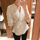 Long-sleeve Buttoned Wrap Blouse White - One Size