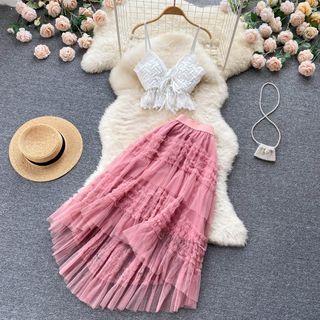 Set: V-neck Camisole Top + Mesh Midi A-line Skirt