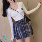 Long-sleeve Button-up T-shirt / Plaid A-line Skirt
