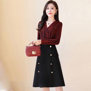 Long-sleeve Patterned Double-breasted A-line Dress