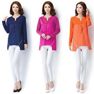 Plain Long Sleeve Half Placket Top