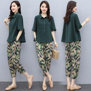 Set: Elbow-sleeve Shirt + Printed Harem Pants