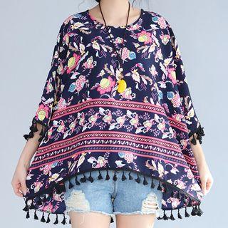 Tasseled Printed 3/4 Sleeve Top