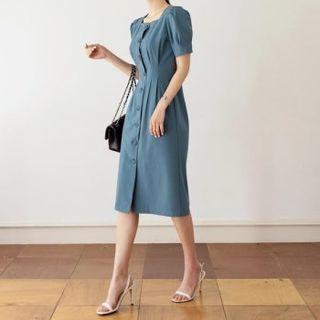 Puff-sleeve Pintuck-waist Coatdress