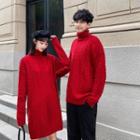 Couple Matching Turtleneck Cable-knit Sweater / Long-sleeve Knit Dress