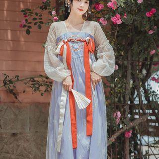 Long-sleeve Flower Embroidered Midi Hanfu Dress