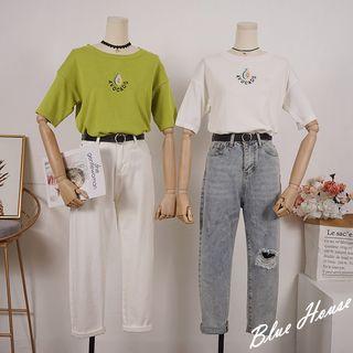 Avocado Embroidered Short-sleeve Knit Top