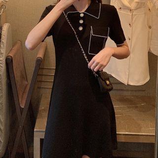 Short-sleeve Collared Knit Mini A-line Dress