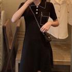 Short-sleeve Collared Knit Mini A-line Dress