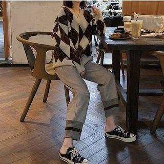 Set: Argyle Sweater + Contrast Trim Harem Pants