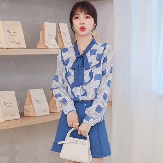 Bow Accent Chiffon Blouse / Pleated Skirt / Set