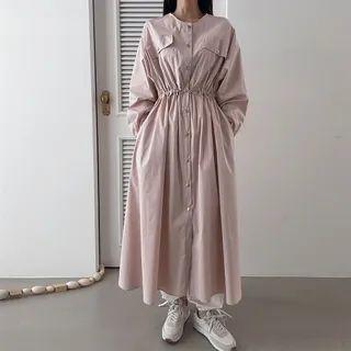 Collarless Drawstring-waist Safari Coat