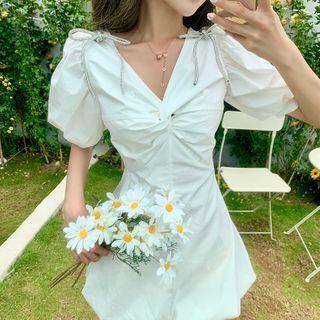 Rhinestone Bow Puff-sleeve Twist Mini A-line Dress