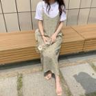 Spaghetti-strap Slit-side Long Floral Dress Olive Green - One Size