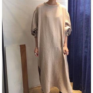 Balloon-sleeve Midi A-line Dress Beige - One Size
