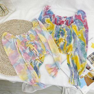 Long-sleeve Tie-dye Print Drawstring Cropped Blouse