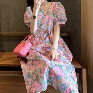 Bell-sleeve Tie-waist Floral Dress
