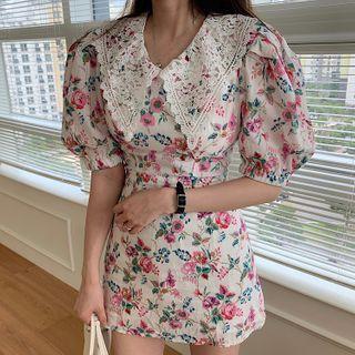 Puff-sleeve Peter Pan Collar Floral Dress Floral - One Size