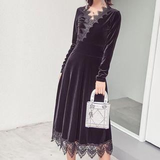 Long-sleeve Lace-trim Midi A-line Velvet Dress