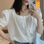 Frilled Square-neck Drawstring Blouse White - One Size