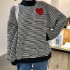 Mock Neck Heart Print Striped Sweatshirt As Shown In Figure - One Size